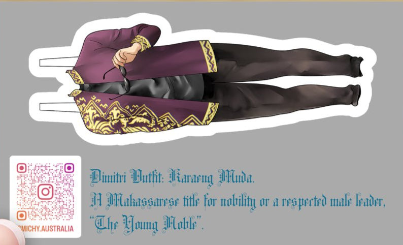 Sticker of a person in formal attire with text and QR codes on a gray background