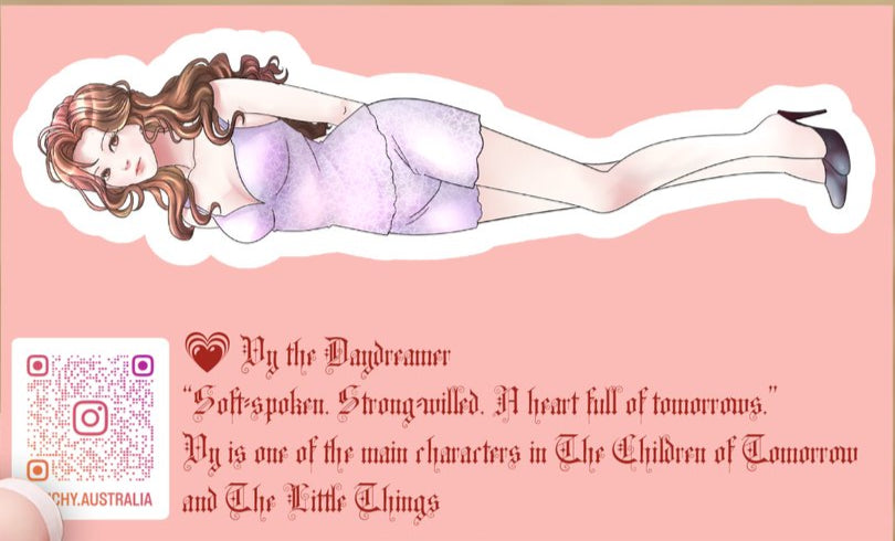 Illustration of a character in a purple dress on a pink background with text and branding.