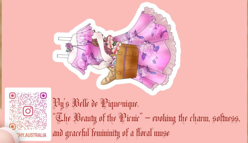 Illustration of a pink dress with floral details on a pink background, featuring text and QR codes.