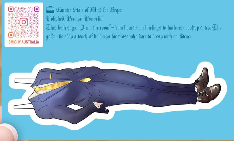 Blue suit with gold accents on a blue background, featuring text and branding.