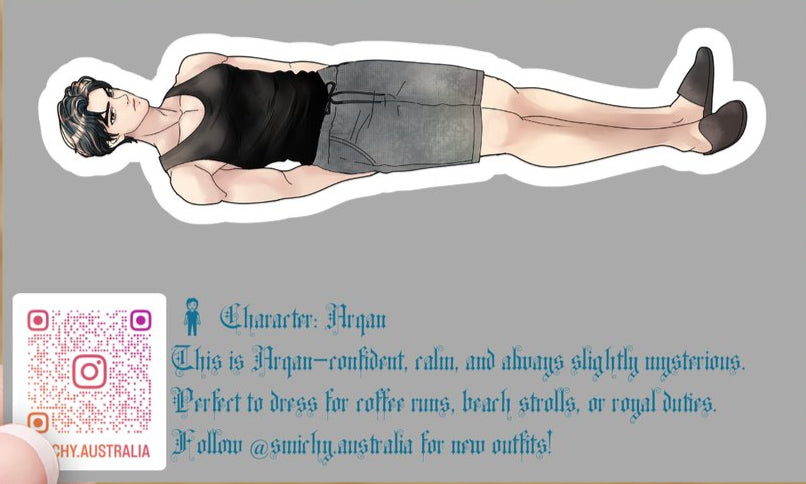 Illustration of a character in a black tank top and gray shorts with text and social media information.