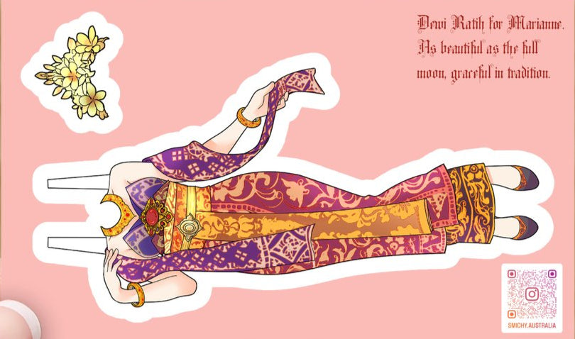 Colorful paper doll with traditional design on a pink background