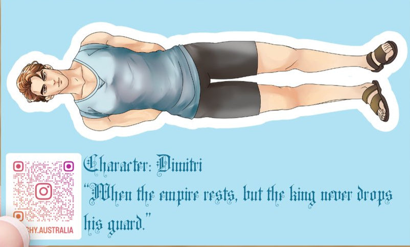 Sticker of a person lying down with text and a QR code on a blue background, held by a hand.