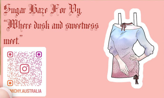 Sticker of a dress on a pink background with text and a QR code.