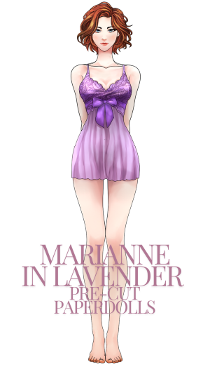 Illustration of a woman in a lavender dress with text 'Marianne in Lavender Pre-Cut Paperdolls' on a white background.